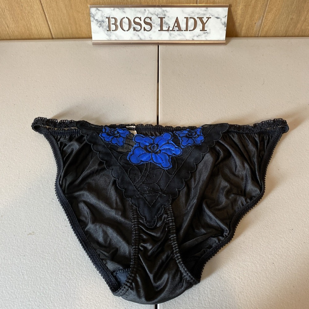 Vintage Unbranded 100% Nylon Black String Bikini Mesh Insert Blue Floral Sz 7L
